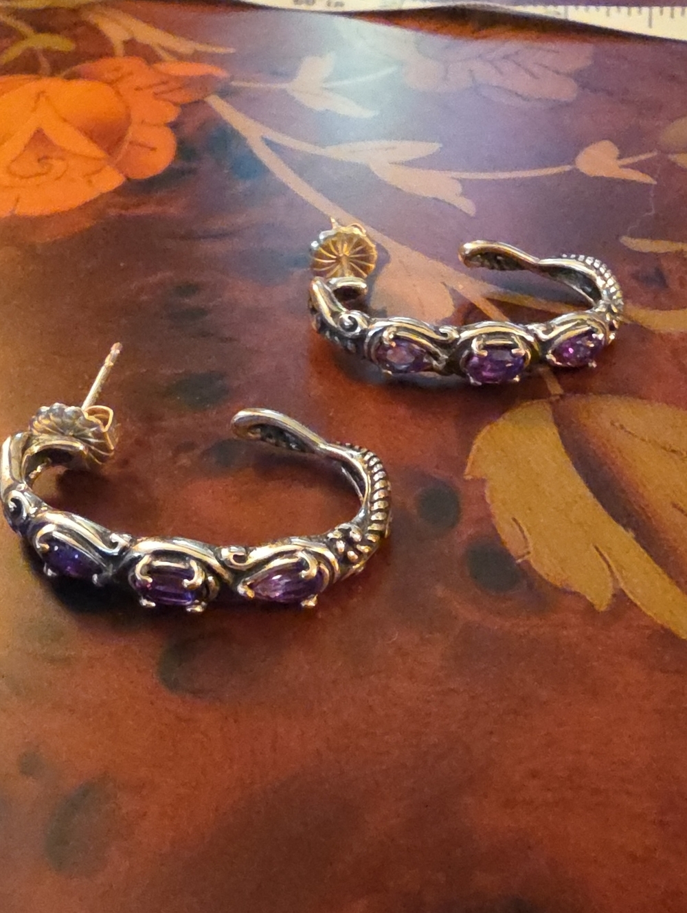 Carolyn Pollack Relios QVC Silver Hoop Earrings with Amethyst Stones